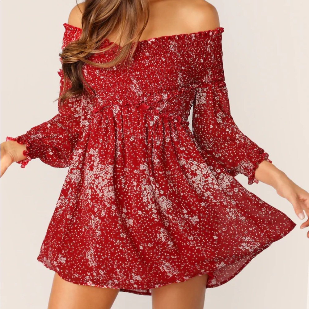 Floral Shirred Bodice Off Shoulder Dress